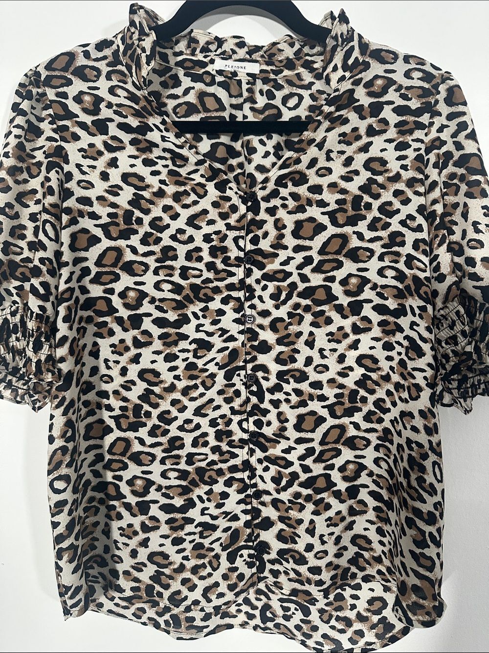 Pleione Leopard Print Puff Sleeve Blouse S Button Front Cream Brown Black Top